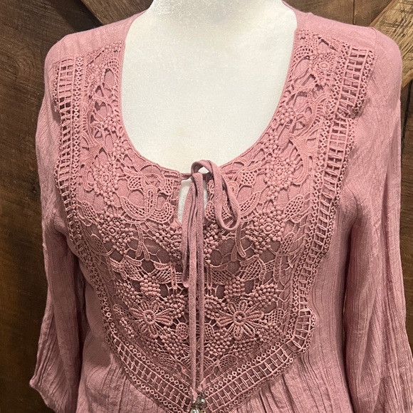 Dusty Rose Bohemian Crochet Lace Mini Dress Tunic L - Picture 2 of 8